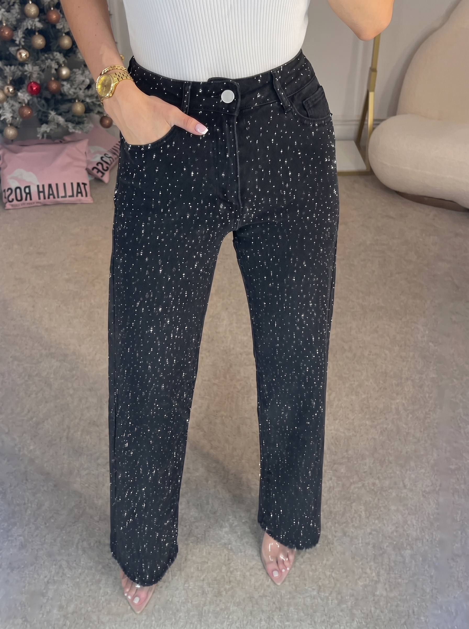 Womens High Waist Straight Leg Jeans with Sparkle Detail