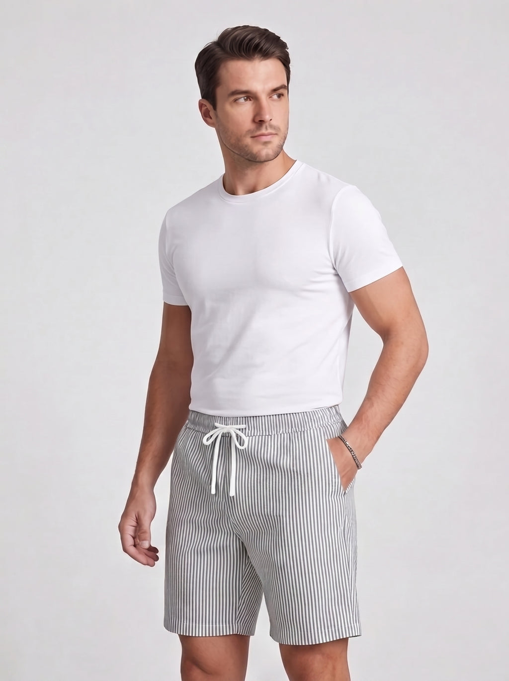 Mens Casual Striped Shorts with Drawstring Waist