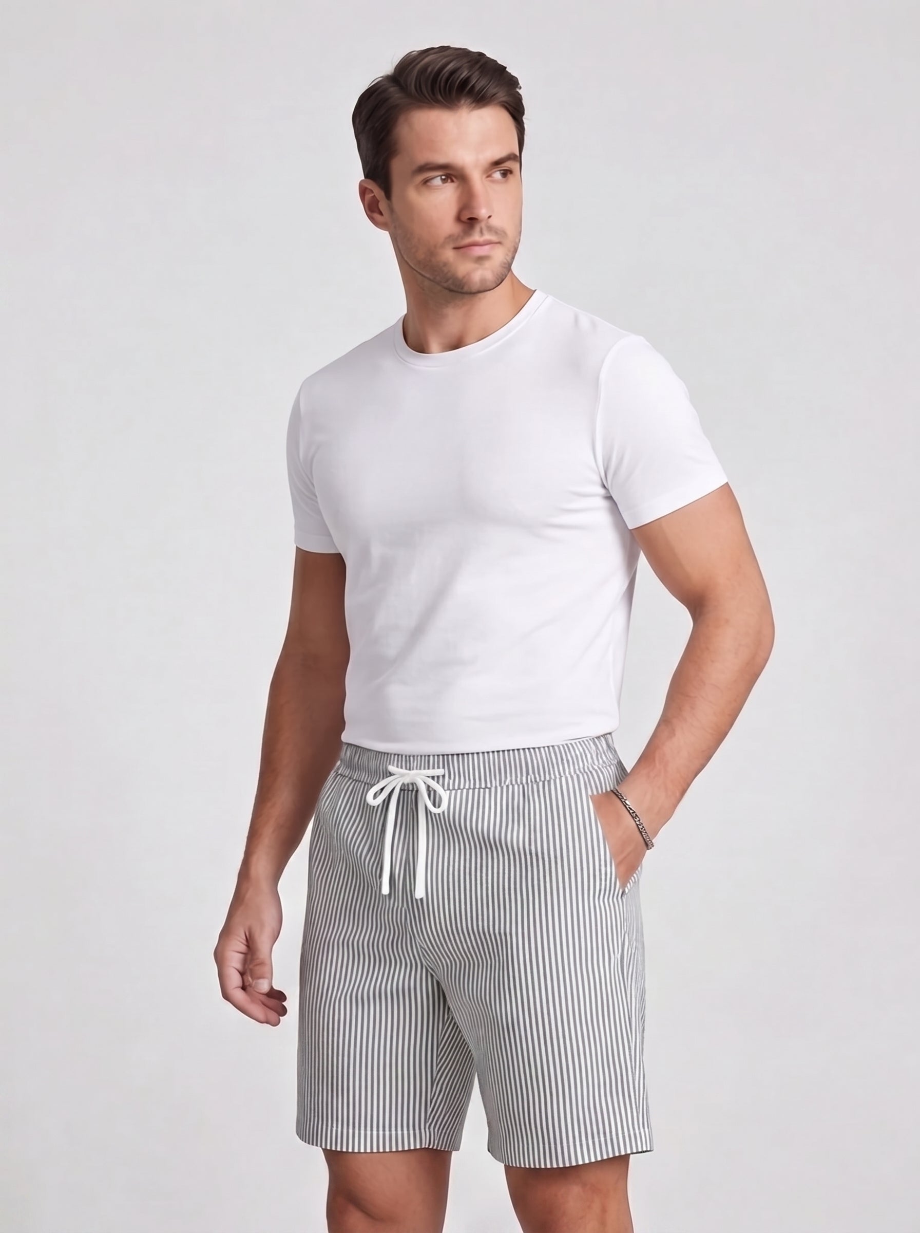 Mens Casual Striped Shorts with Drawstring Waist