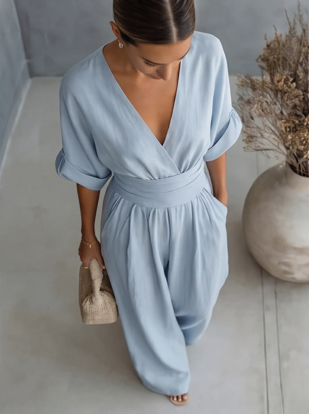 Women's Casual V-Neck Wide-Leg Jumpsuit