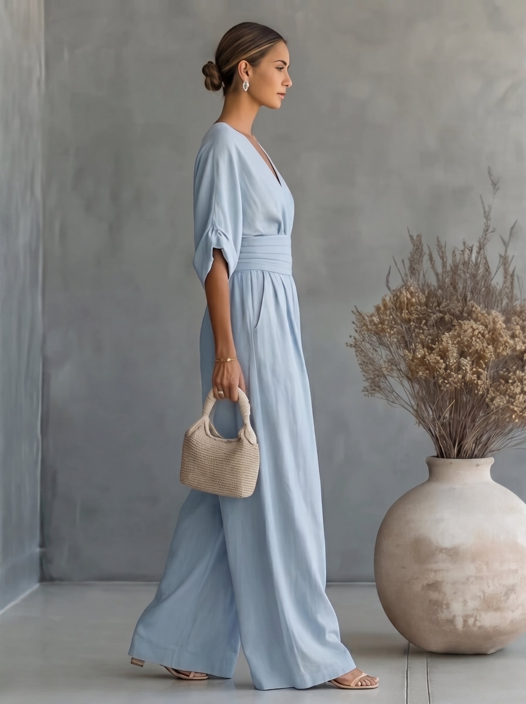Women's Casual V-Neck Wide-Leg Jumpsuit