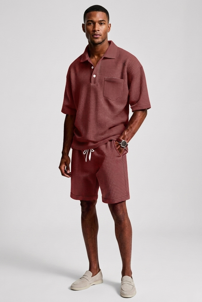Mens Casual Two Piece Summer Set with Polo Shirt and Shorts