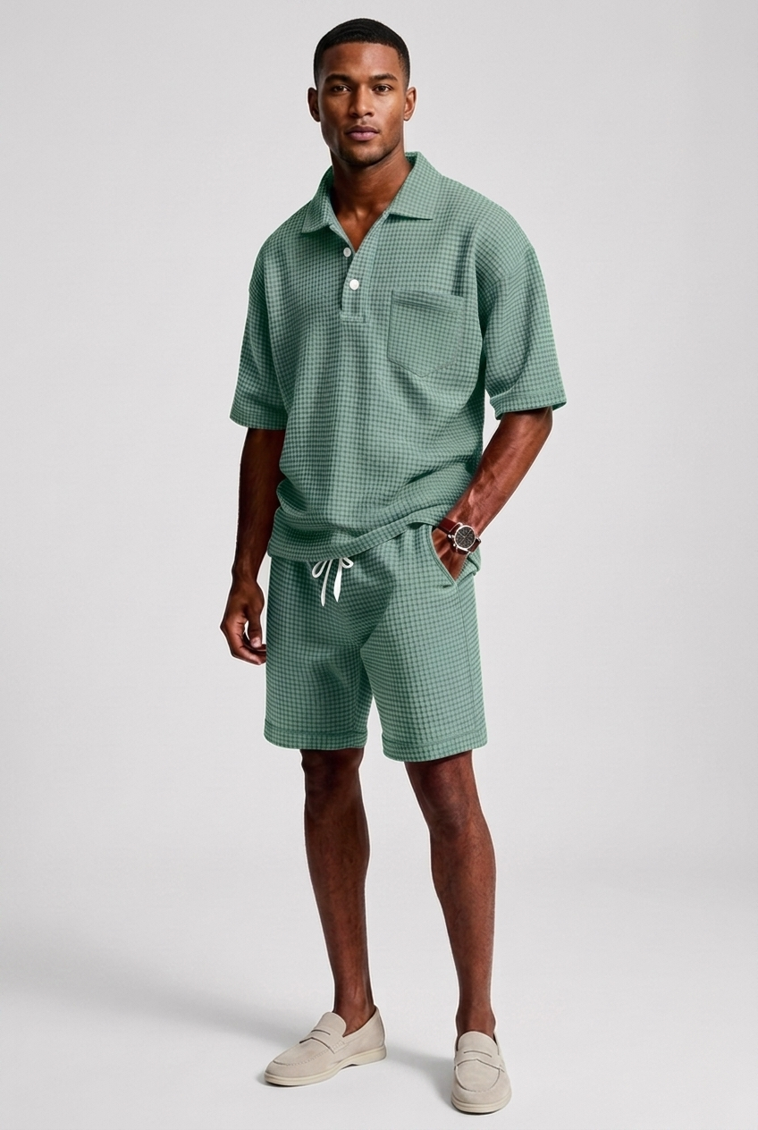 Mens Casual Two Piece Summer Set with Polo Shirt and Shorts