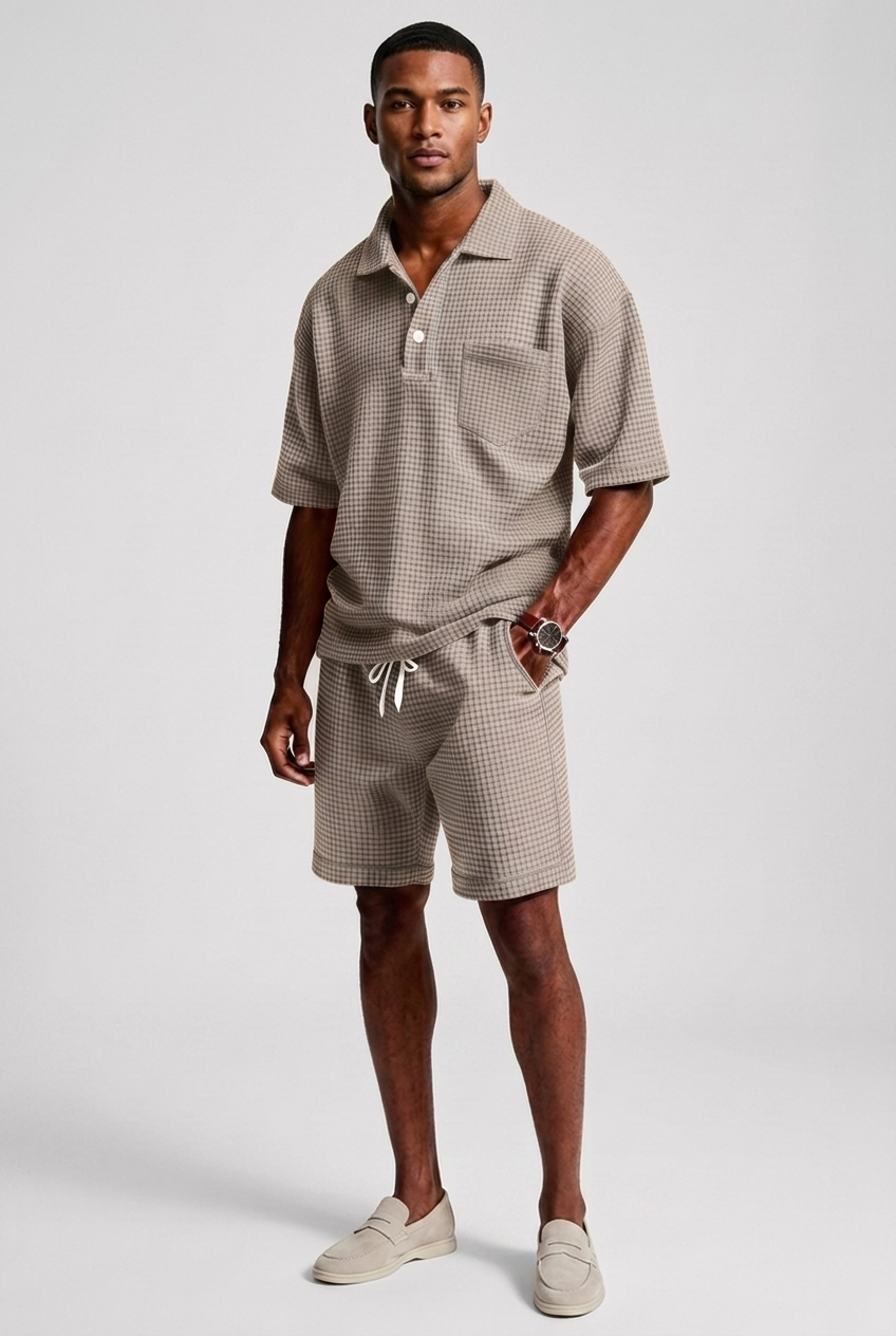 Mens Casual Two Piece Summer Set with Polo Shirt and Shorts