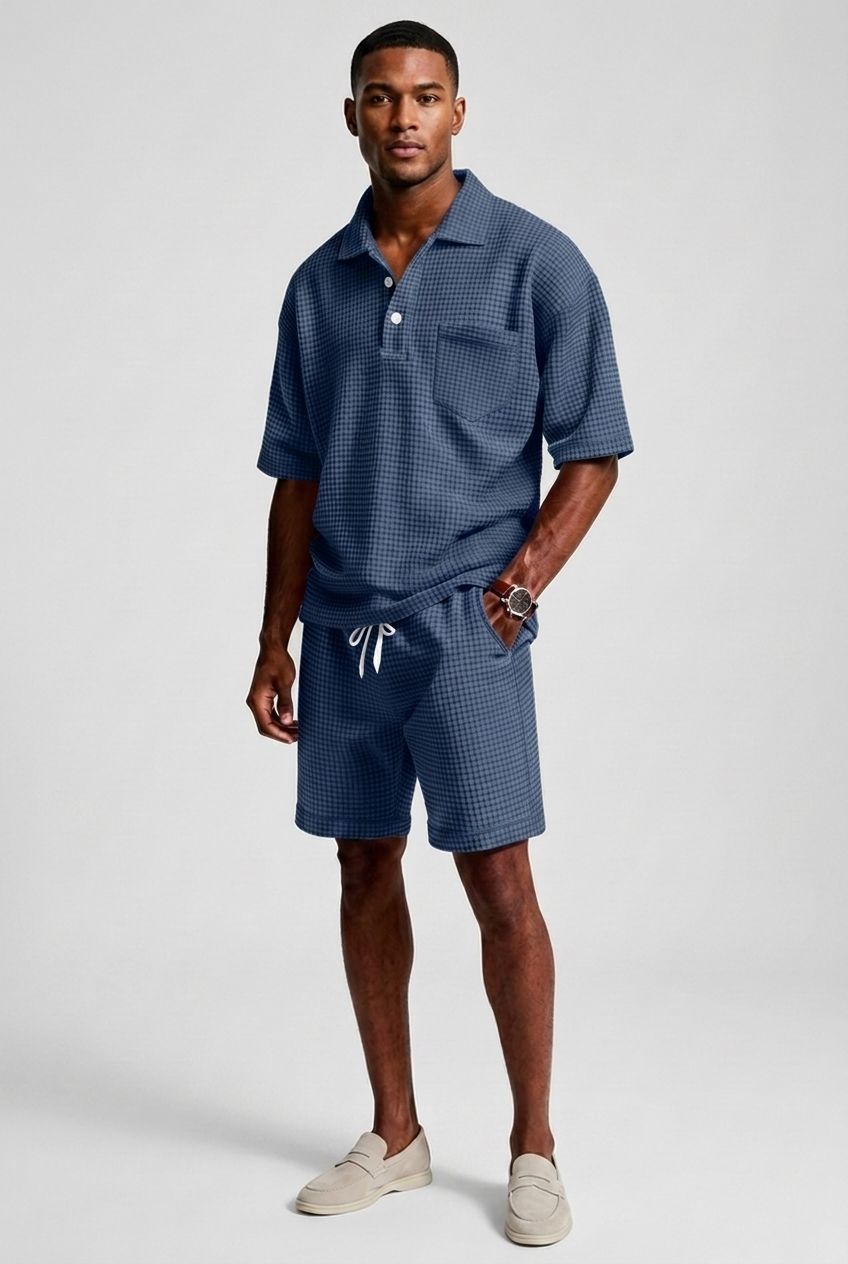 Mens Casual Two Piece Summer Set with Polo Shirt and Shorts