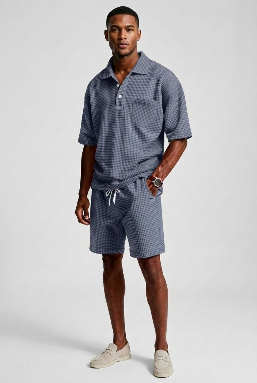 Mens Casual Two Piece Summer Set with Polo Shirt and Shorts
