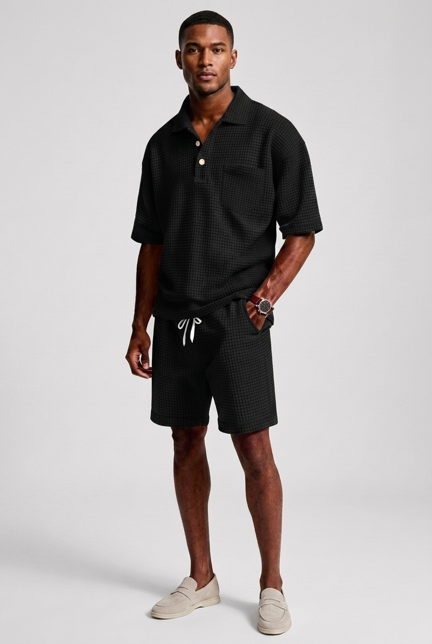 Mens Casual Two Piece Summer Set with Polo Shirt and Shorts