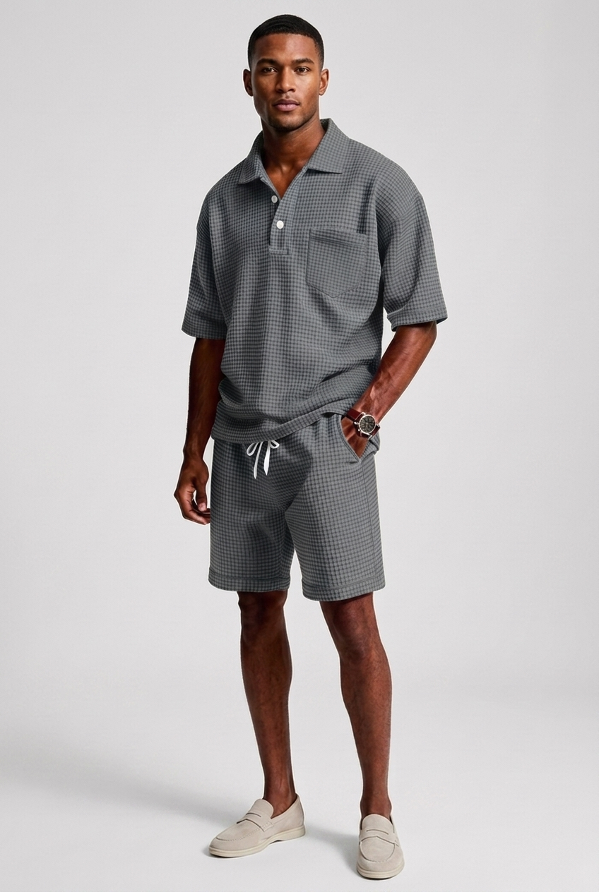 Mens Casual Two Piece Summer Set with Polo Shirt and Shorts