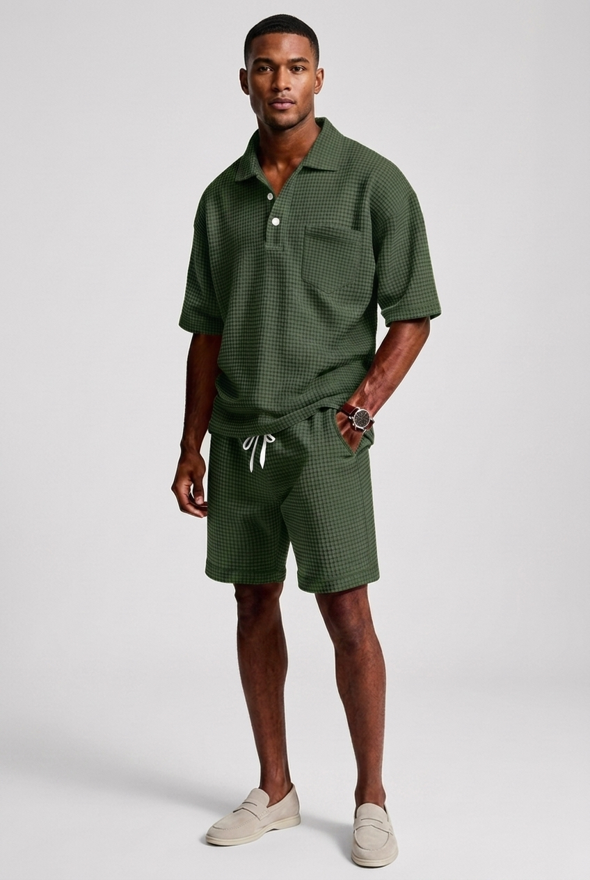 Mens Casual Two Piece Summer Set with Polo Shirt and Shorts