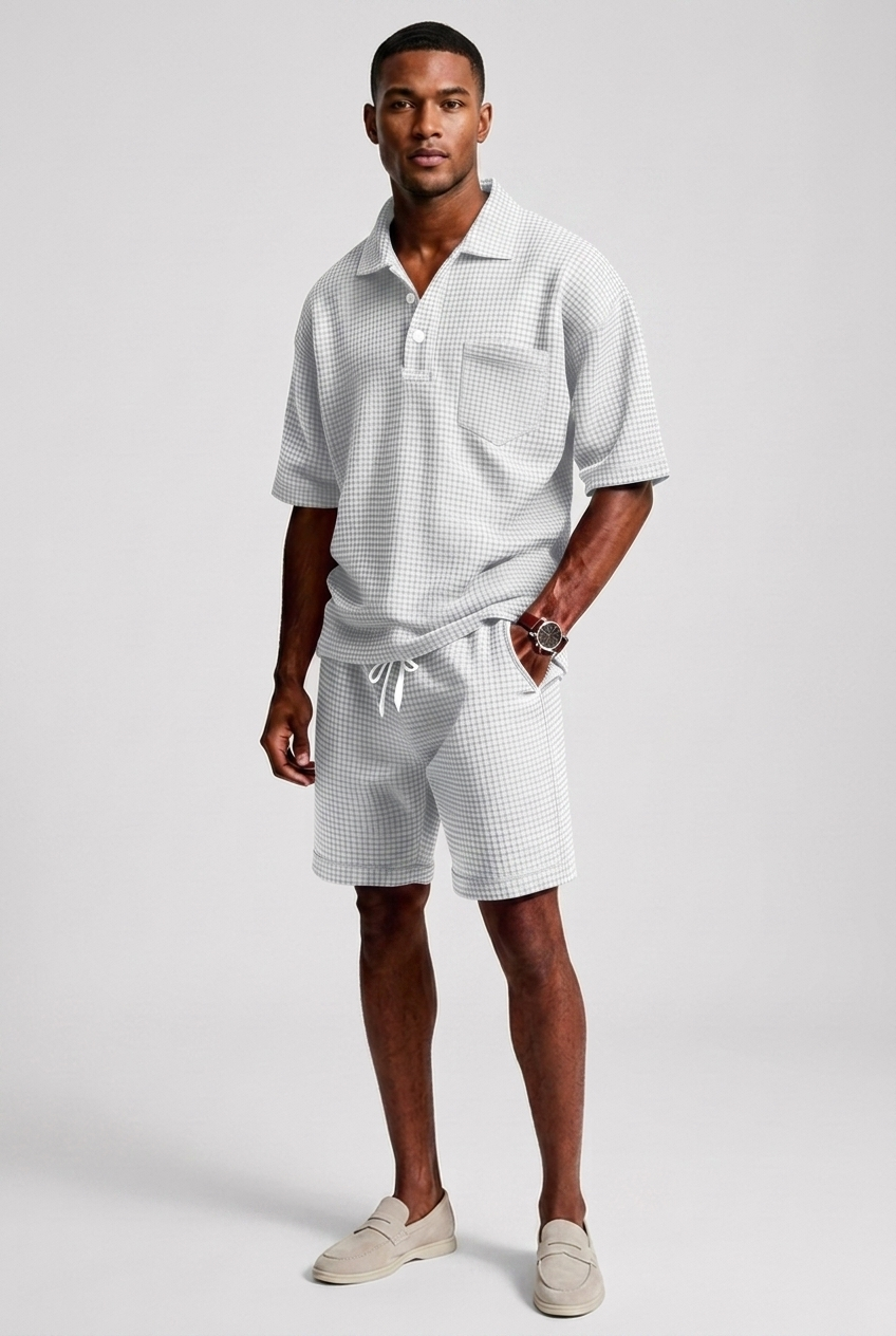 Mens Casual Two Piece Summer Set with Polo Shirt and Shorts