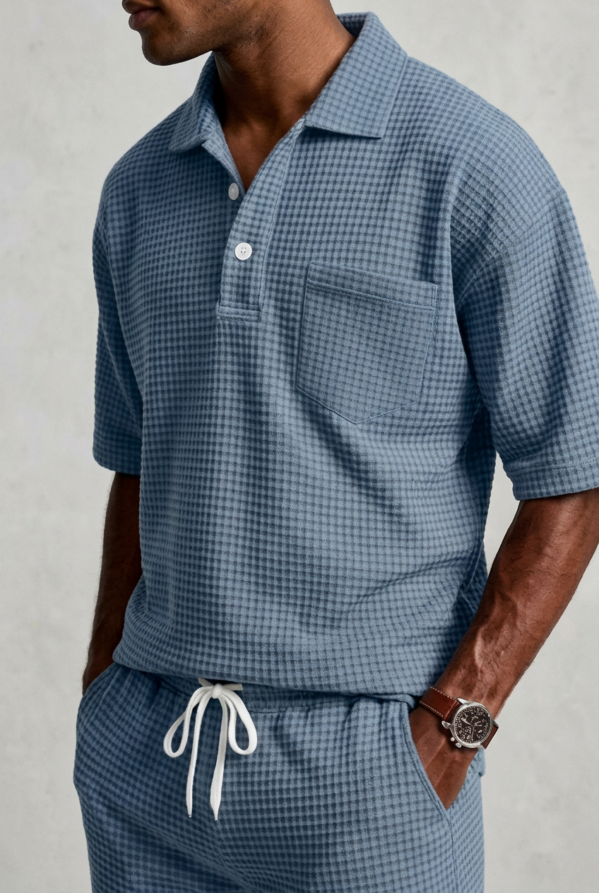 Mens Casual Two Piece Summer Set with Polo Shirt and Shorts
