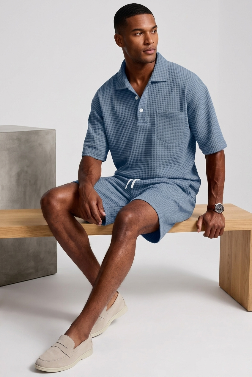 Mens Casual Two Piece Summer Set with Polo Shirt and Shorts