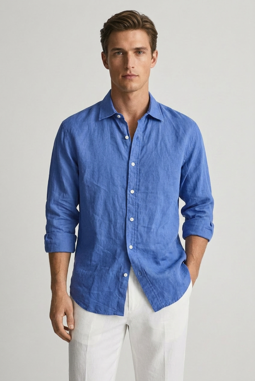 Men's Long Sleeve Linen Shirt - Relaxed Fit Casual Style