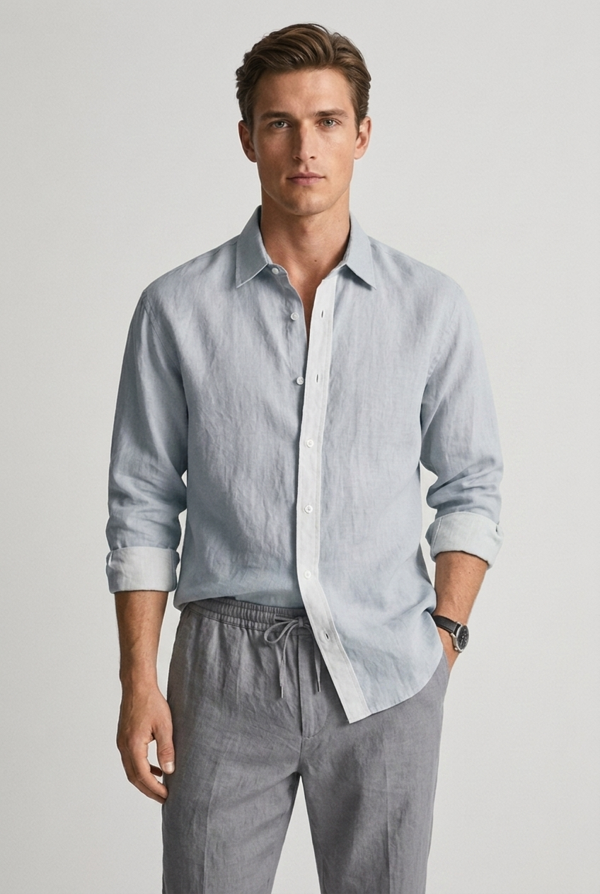 Men's Long Sleeve Linen Shirt - Relaxed Fit Casual Style