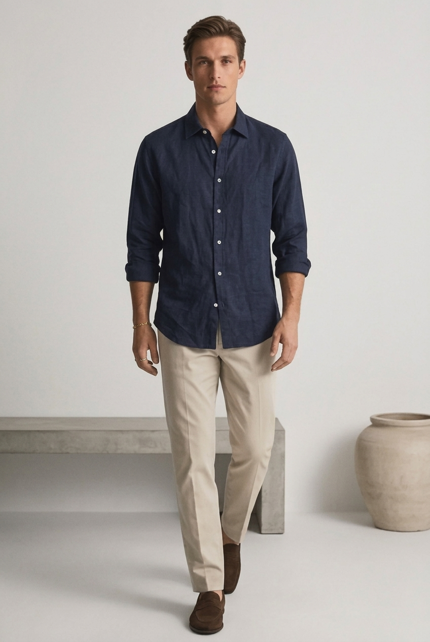 Men's Long Sleeve Linen Shirt - Relaxed Fit Casual Style