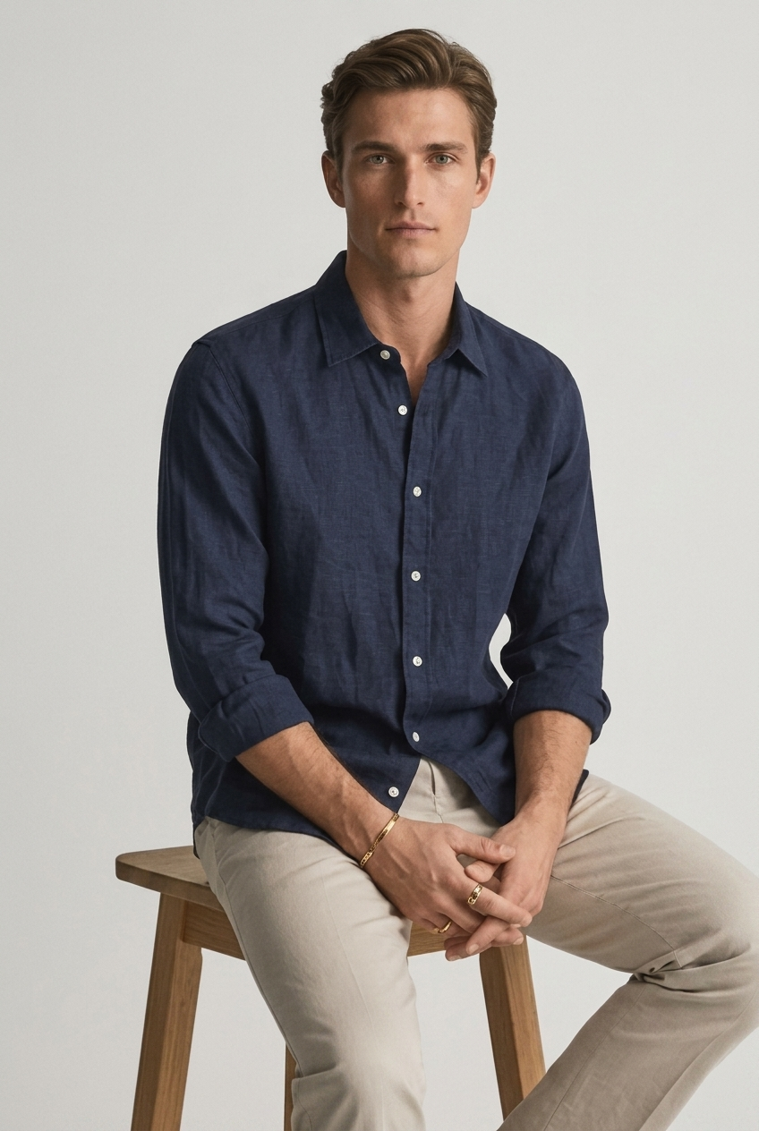 Men's Long Sleeve Linen Shirt - Relaxed Fit Casual Style