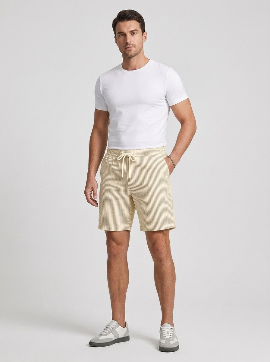 Mens Casual Striped Shorts with Drawstring Waist