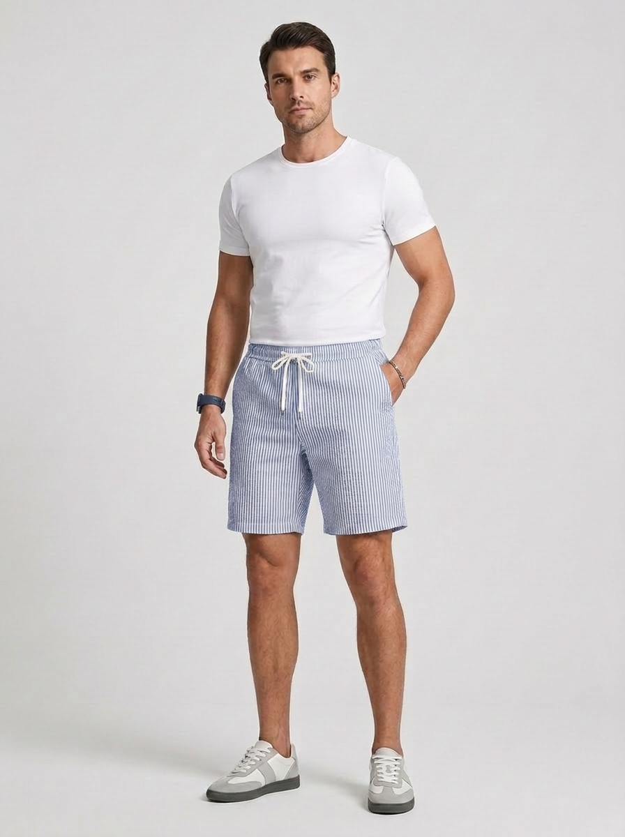 Mens Casual Striped Shorts with Drawstring Waist