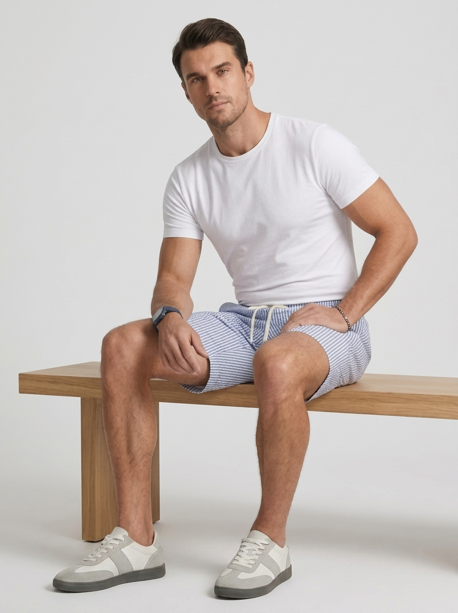 Mens Casual Striped Shorts with Drawstring Waist