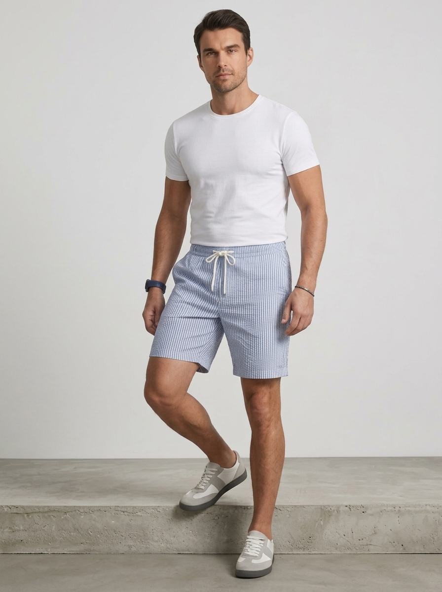 Mens Casual Striped Shorts with Drawstring Waist