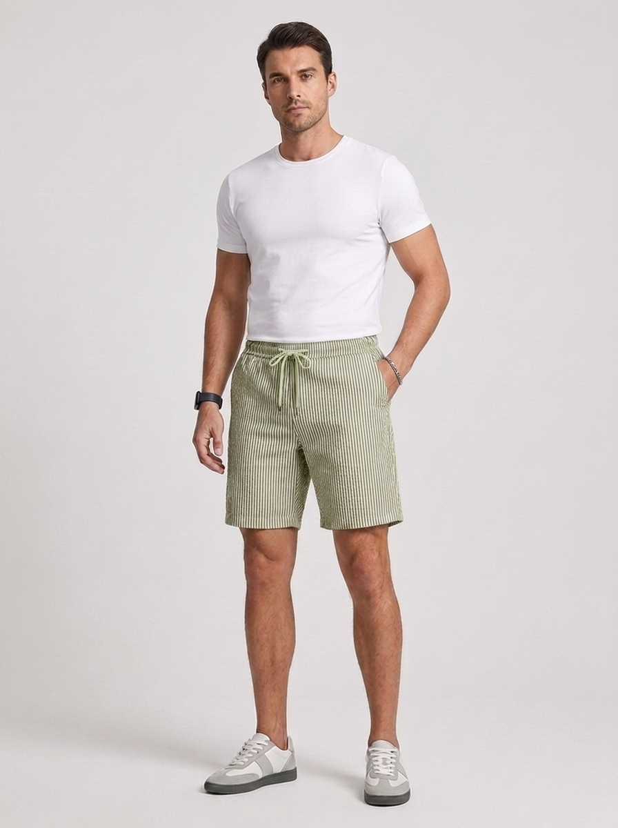Mens Casual Striped Shorts with Drawstring Waist