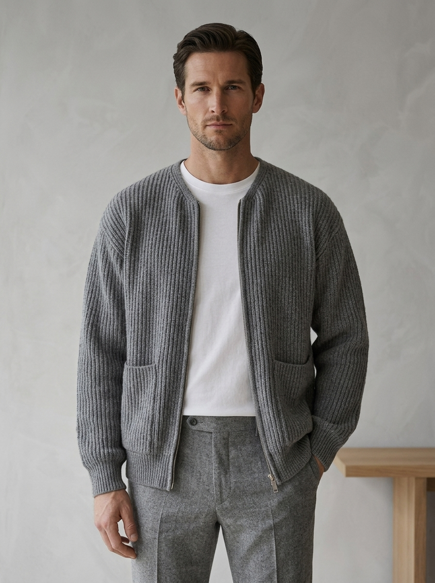 Men's Knitted Cardigan with Funnel Neck