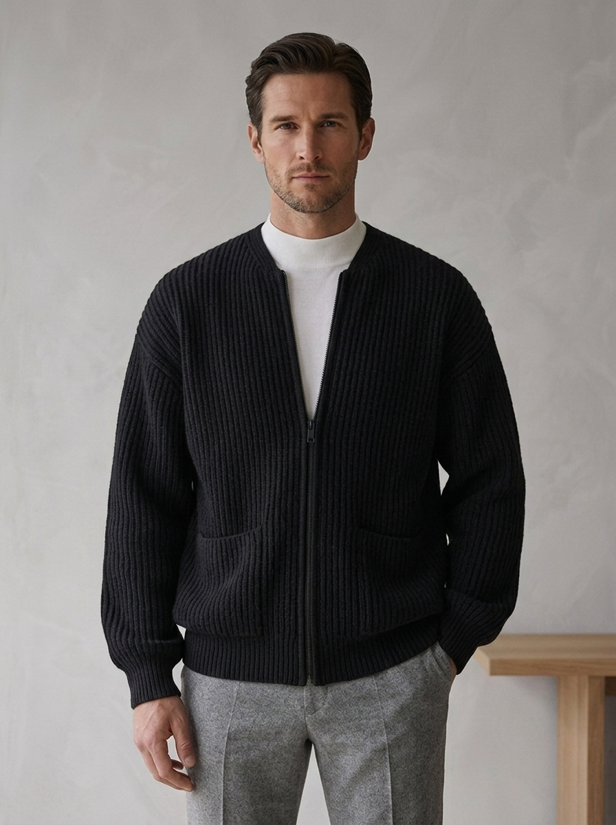 Men's Knitted Cardigan with Funnel Neck