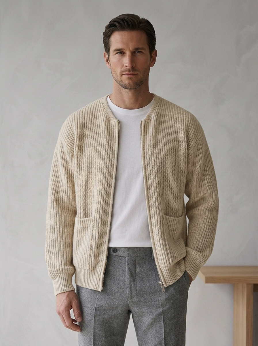 Men's Knitted Cardigan with Funnel Neck