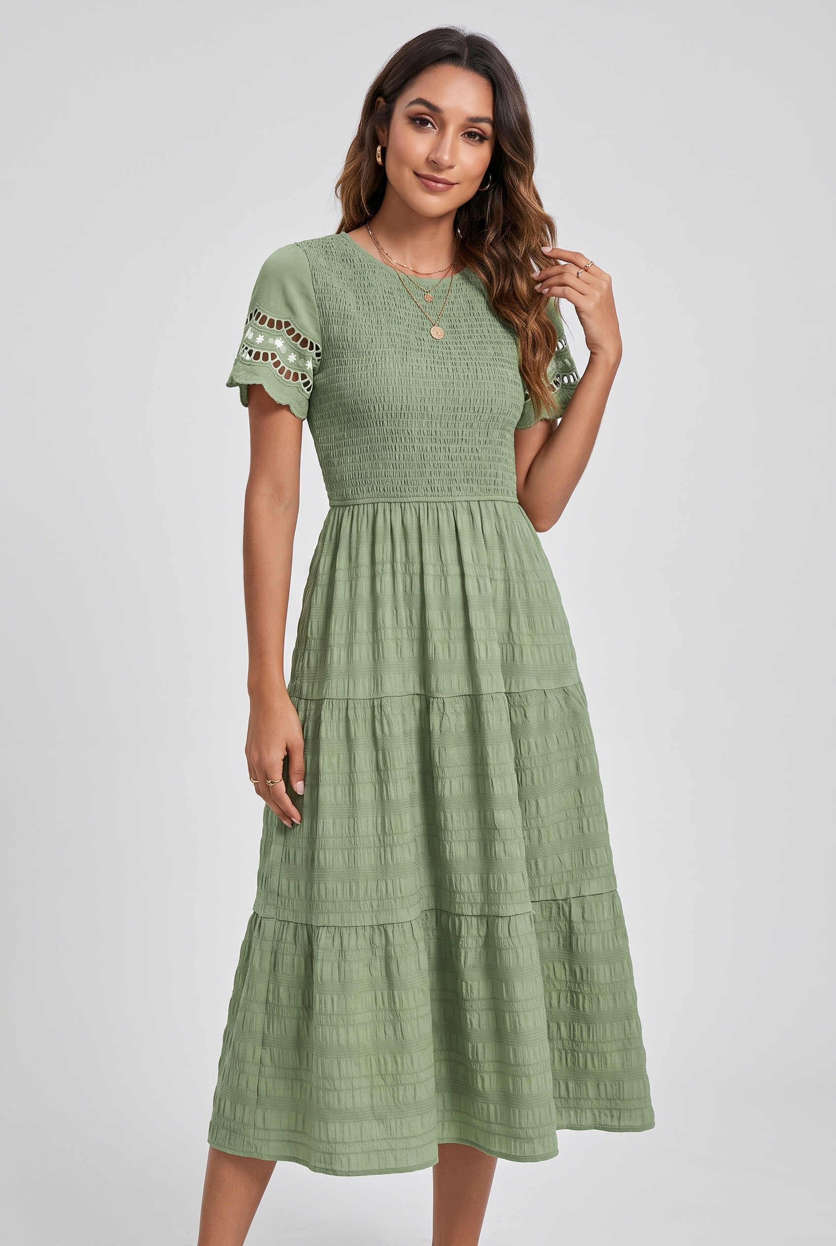 Boho Tiered A-Line Midi Dress with Ruffle Details