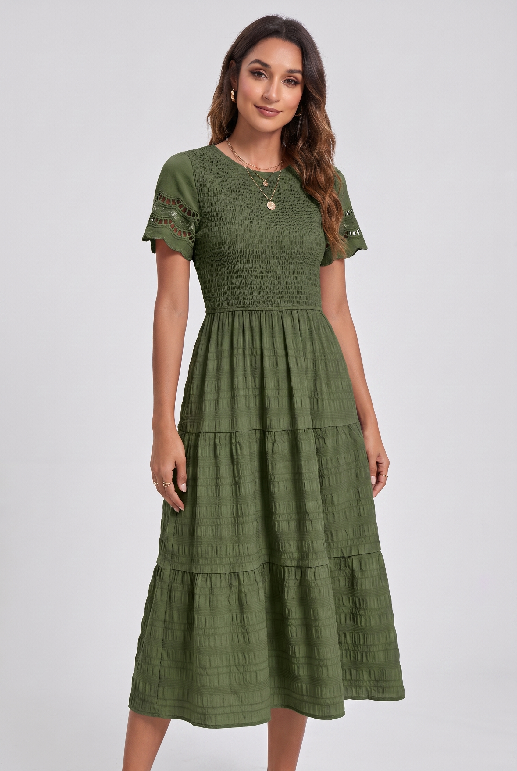 Boho Tiered A-Line Midi Dress with Ruffle Details