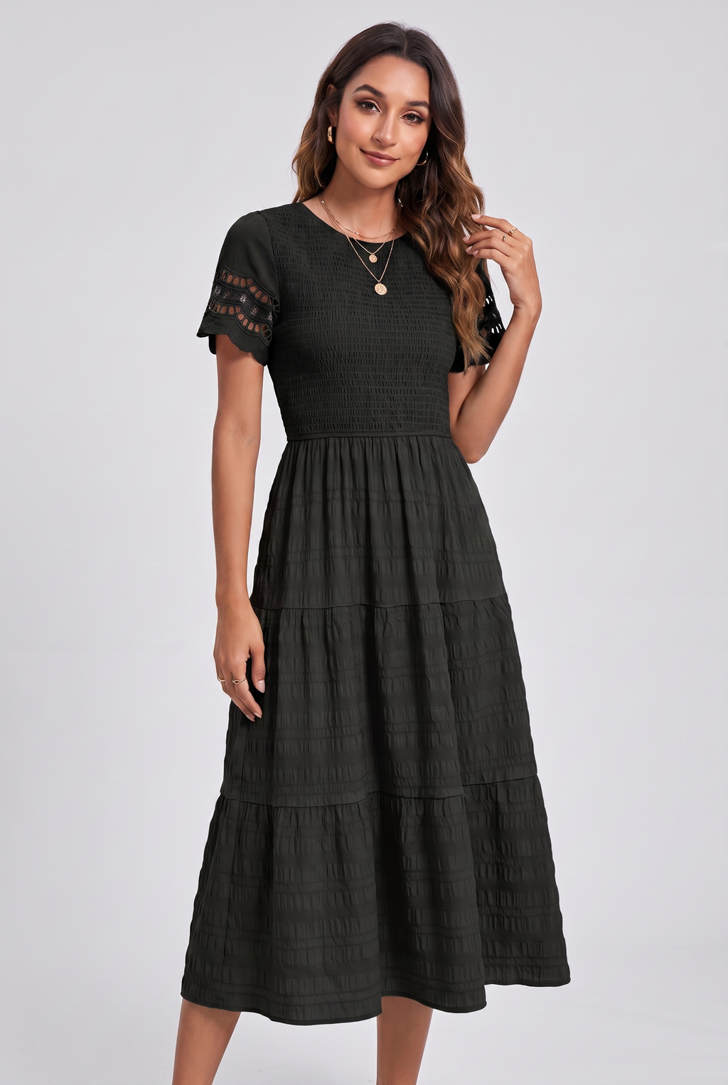Boho Tiered A-Line Midi Dress with Ruffle Details