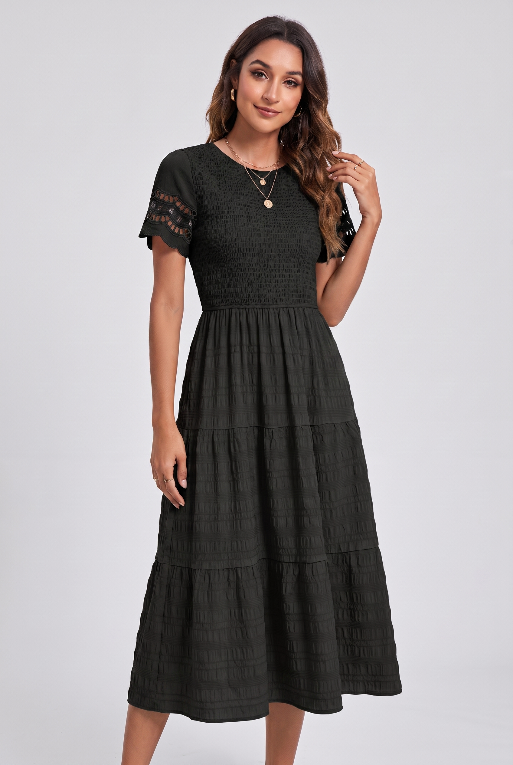 Boho Tiered A-Line Midi Dress with Ruffle Details