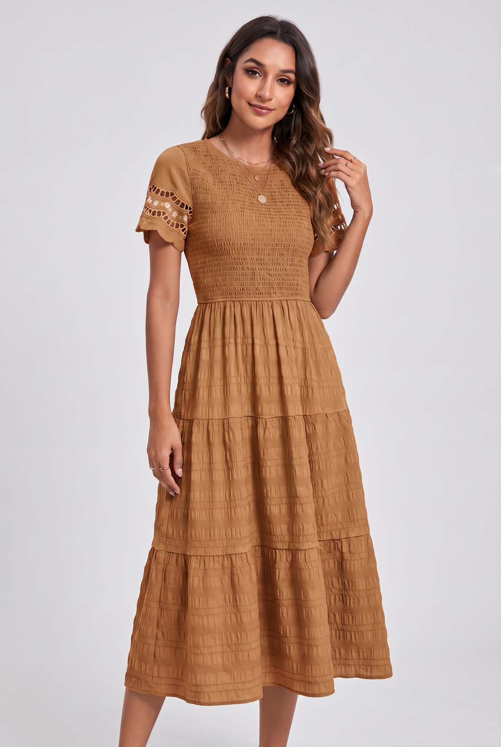 Boho Tiered A-Line Midi Dress with Ruffle Details