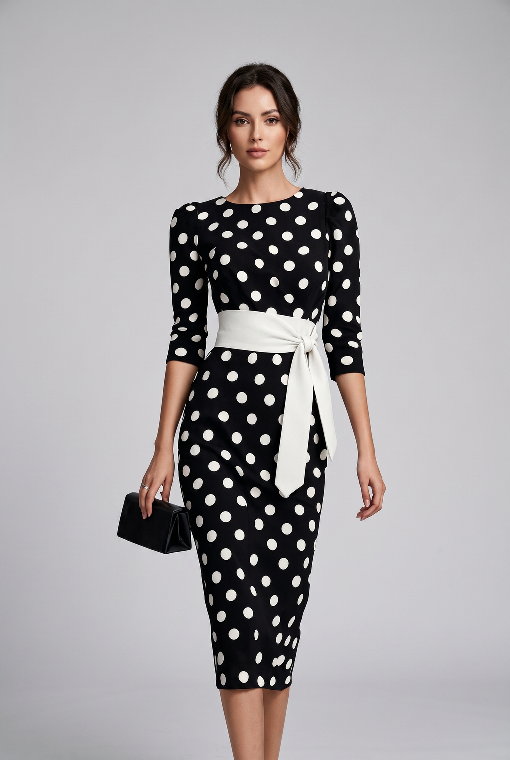 Women's Elegant Belted Polka-dot Bodycon Dress