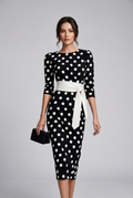 Women's Elegant Belted Polka-dot Bodycon Dress