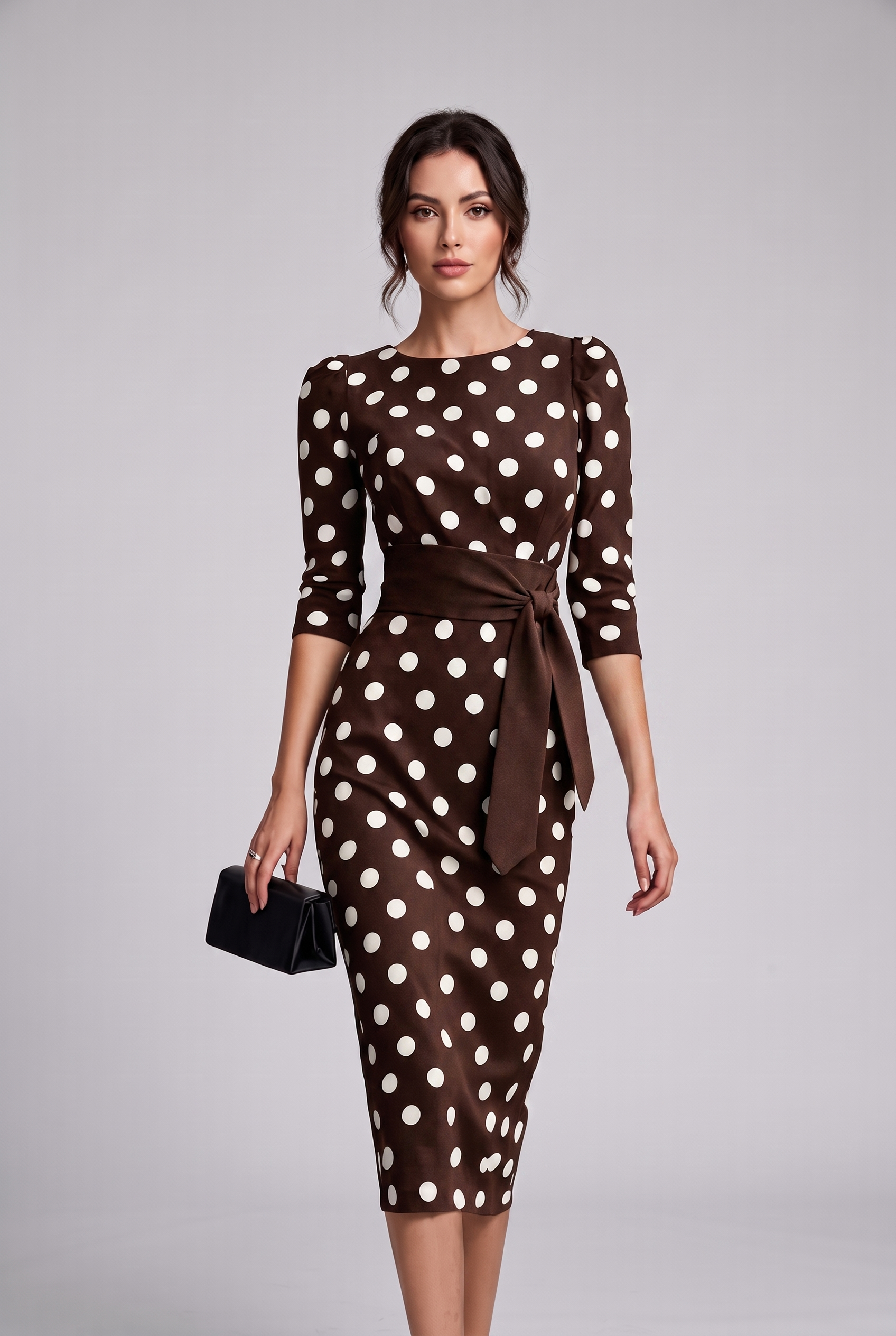 Women's Elegant Belted Polka-dot Bodycon Dress