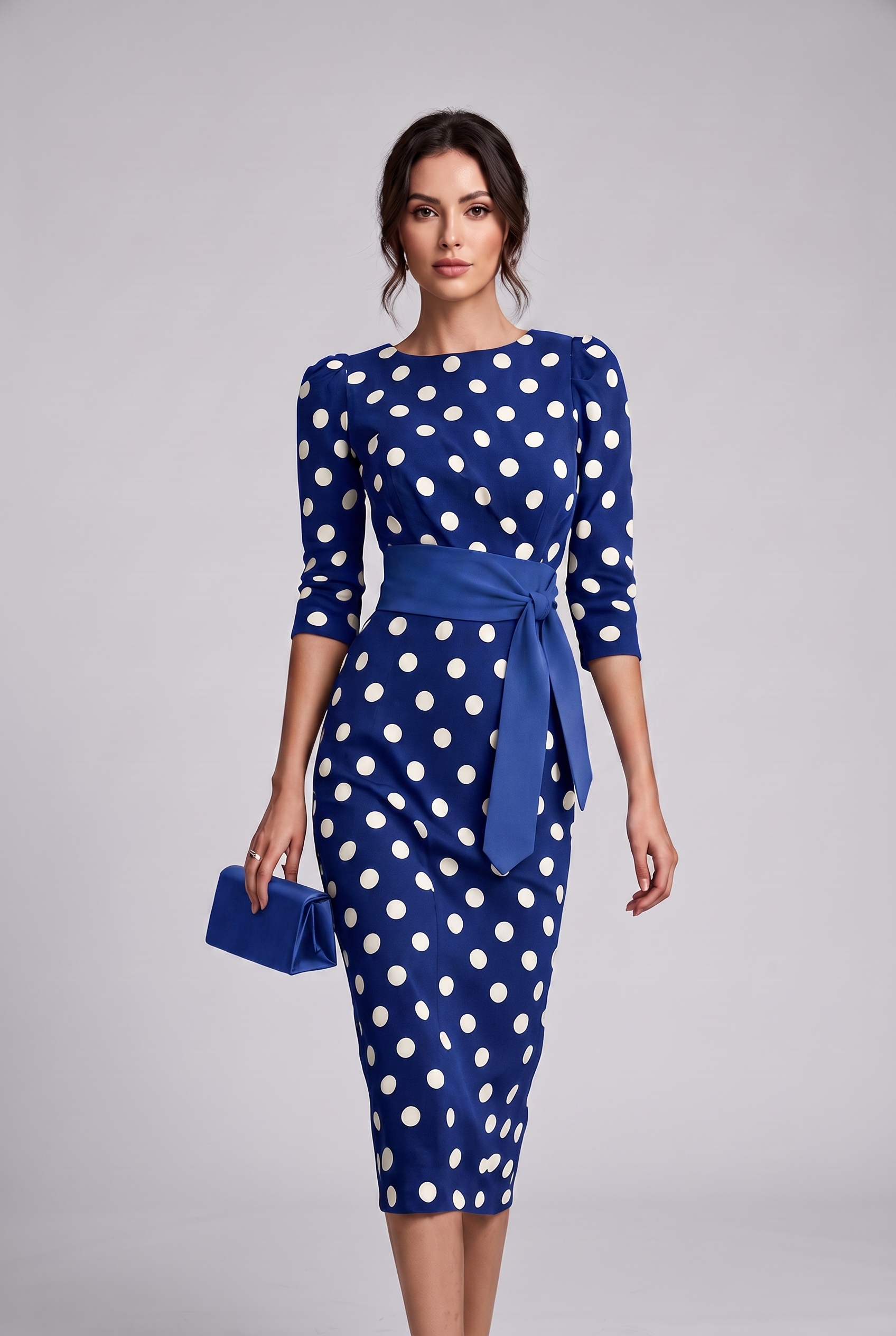 Women's Elegant Belted Polka-dot Bodycon Dress