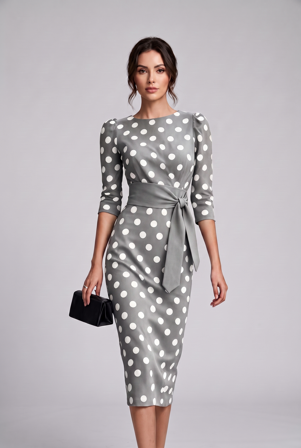 Women's Elegant Belted Polka-dot Bodycon Dress