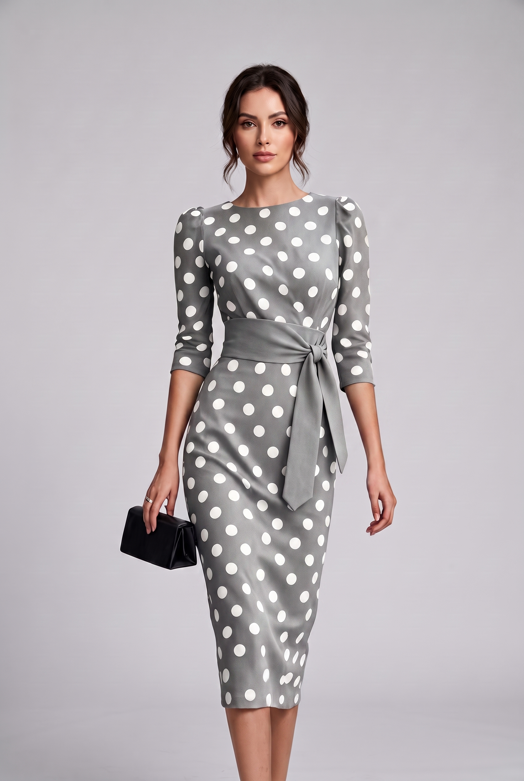 Women's Elegant Belted Polka-dot Bodycon Dress