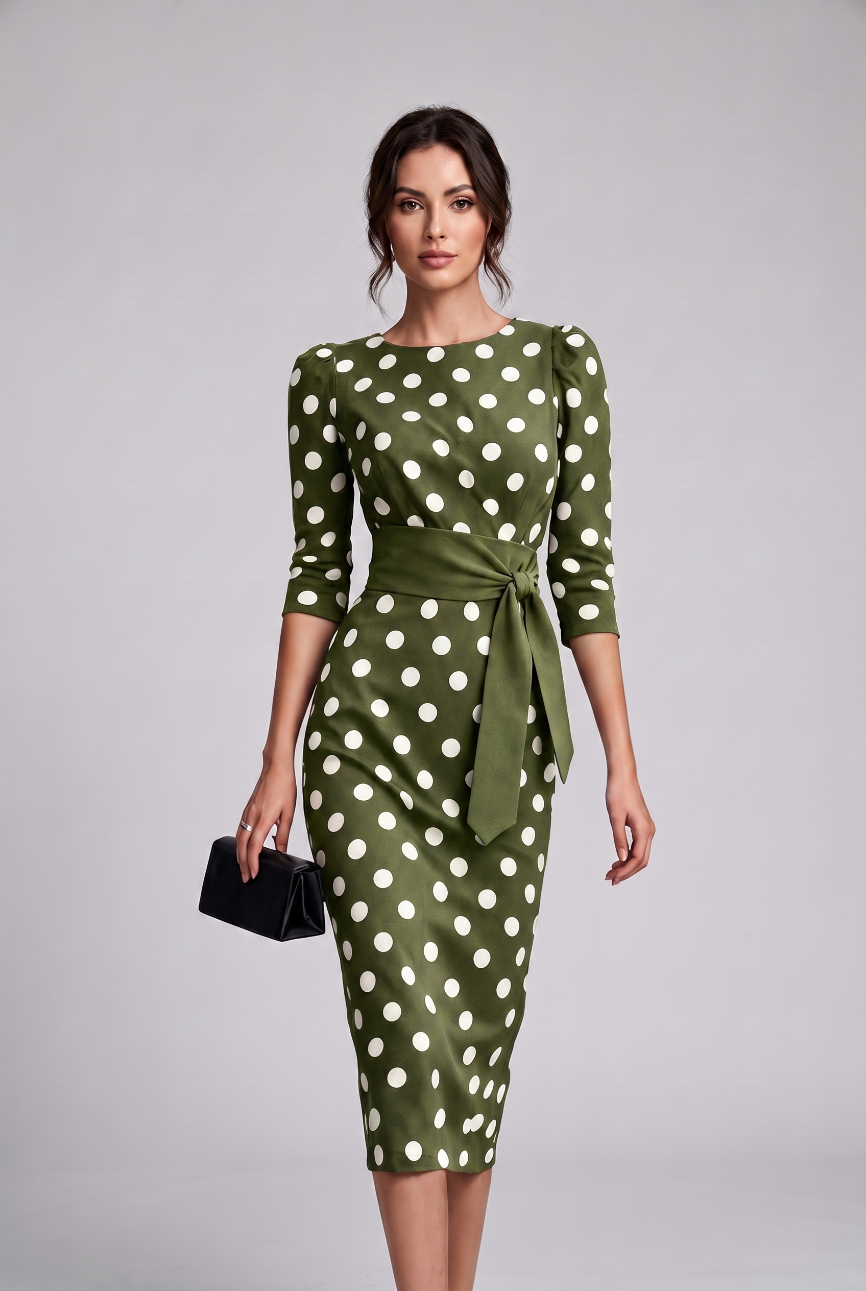 Women's Elegant Belted Polka-dot Bodycon Dress