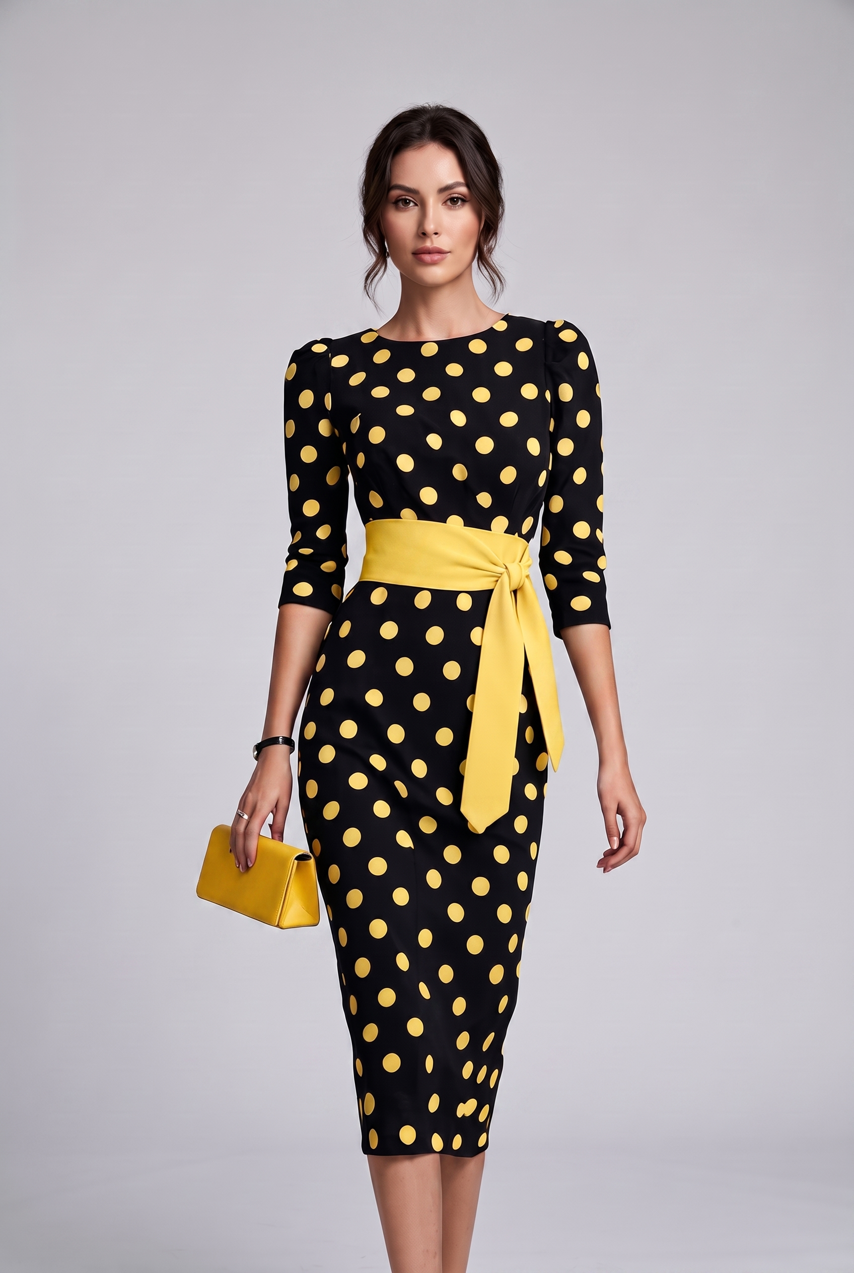 Women's Elegant Belted Polka-dot Bodycon Dress