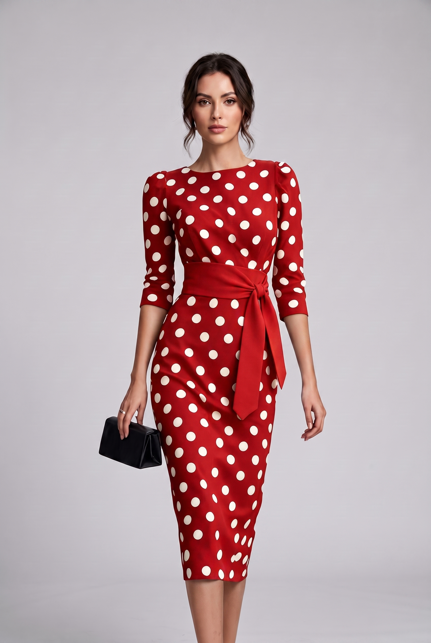Women's Elegant Belted Polka-dot Bodycon Dress