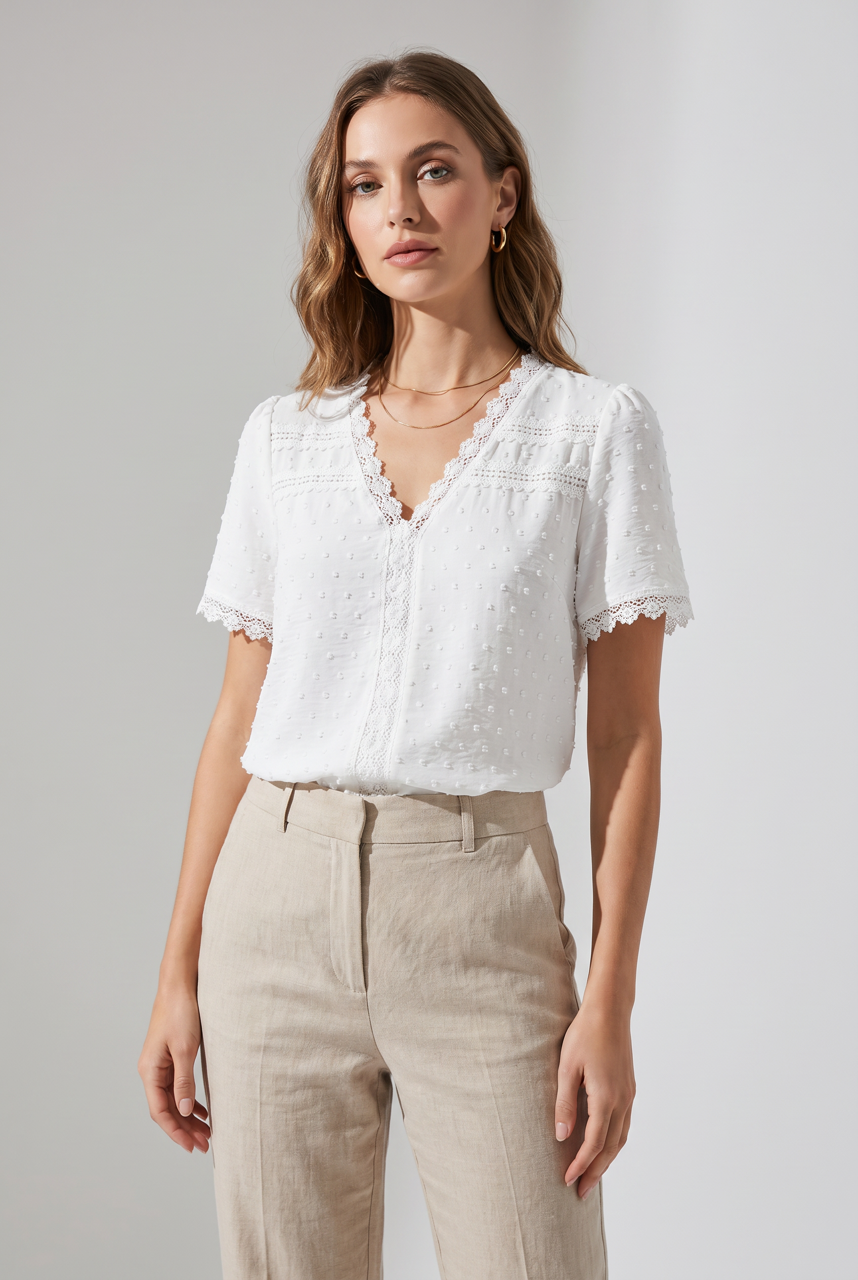 Women's Lace V-neck Short Sleeve Blouse