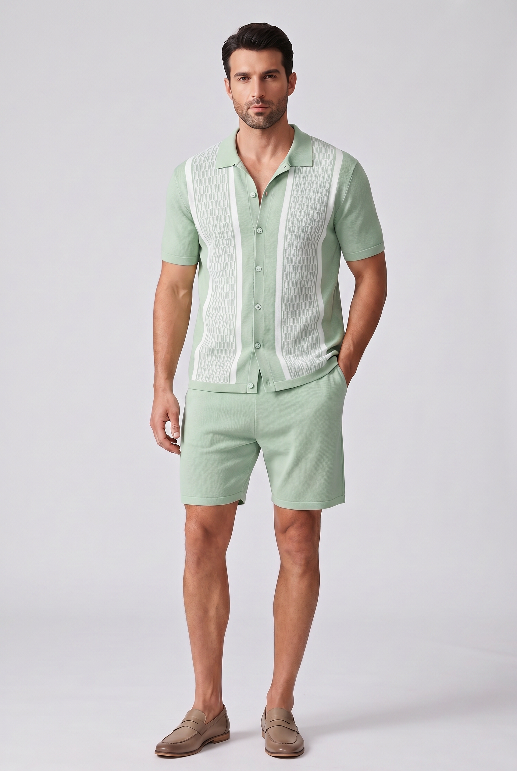 Mens Two Piece Summer Set with Short Sleeve Shirt and Shorts