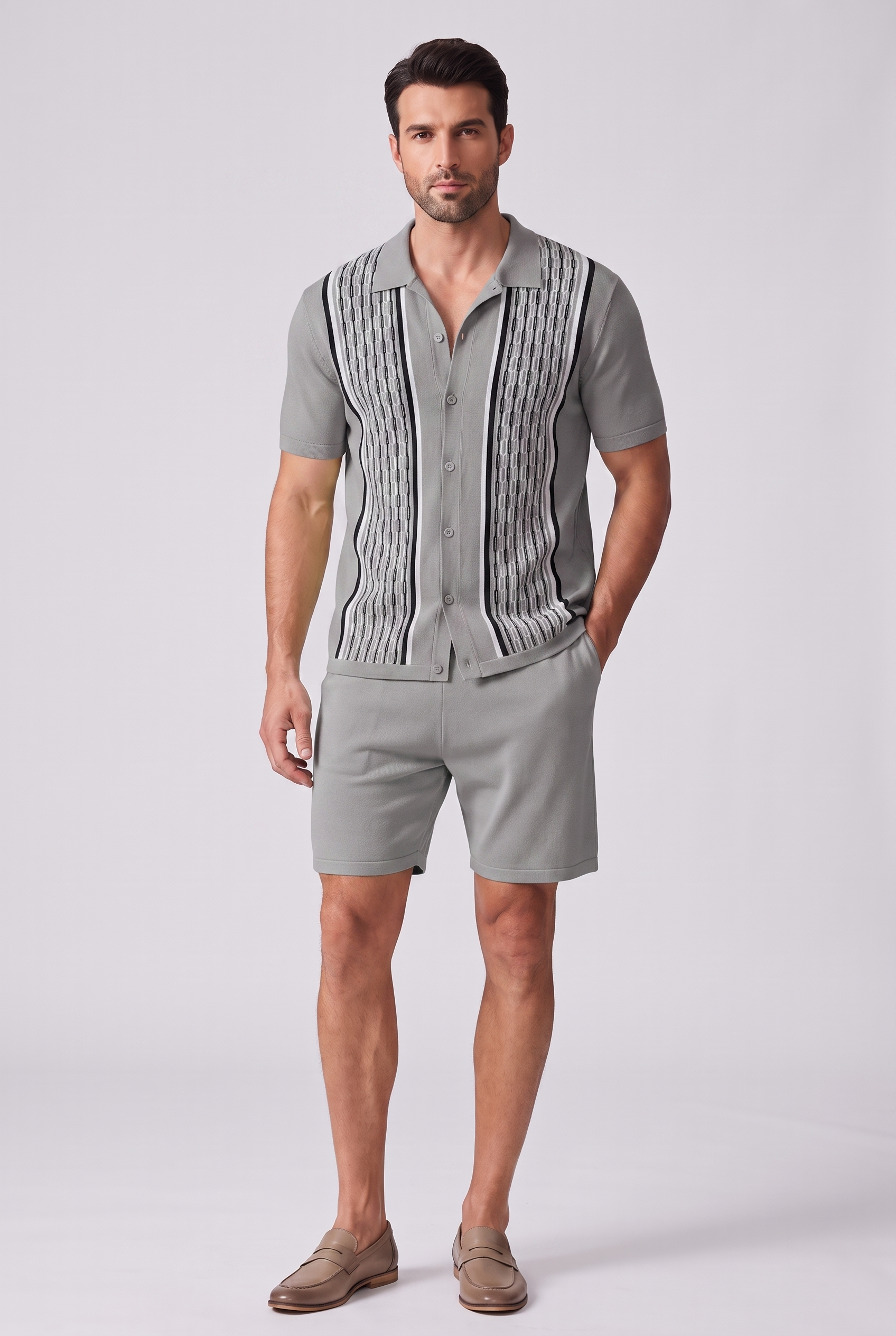 Mens Two Piece Summer Set with Short Sleeve Shirt and Shorts