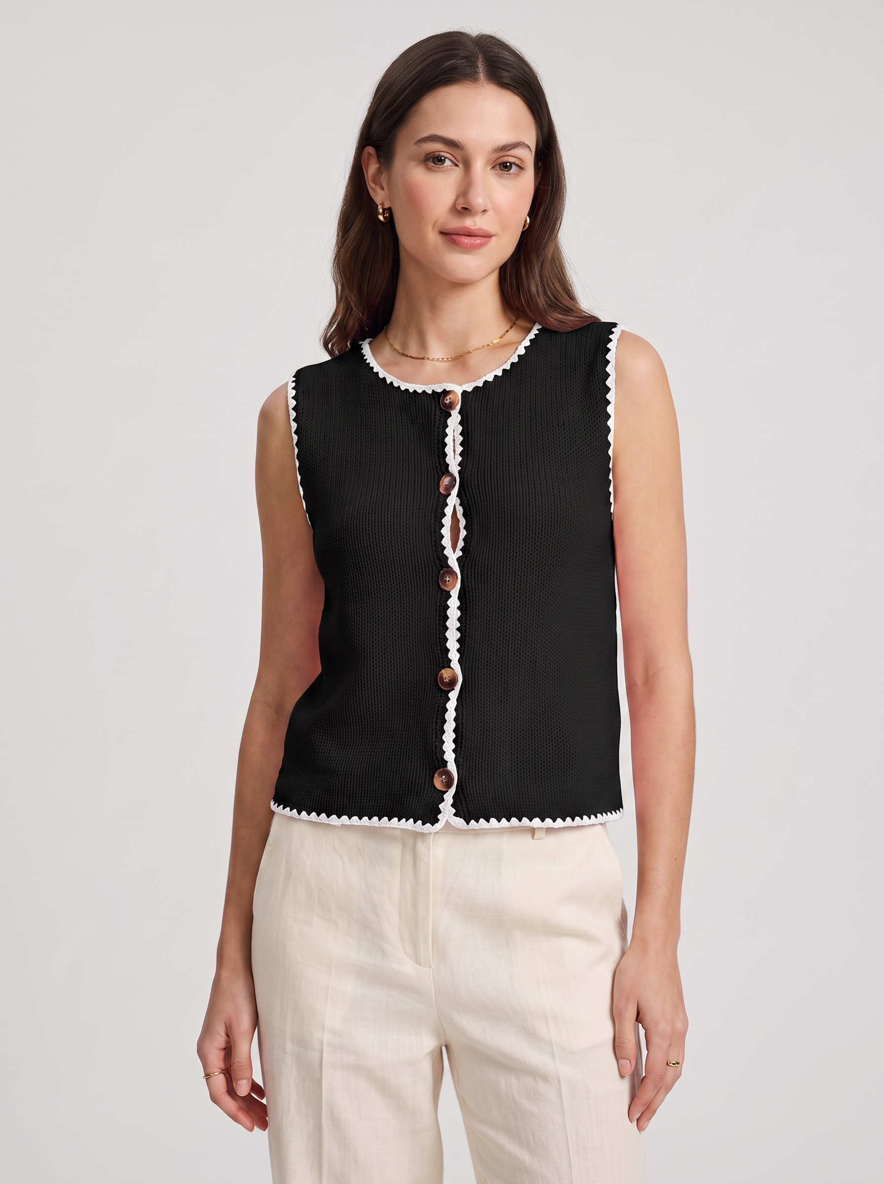 Women's Sleeveless Edgy Sweater with Contrast Trim