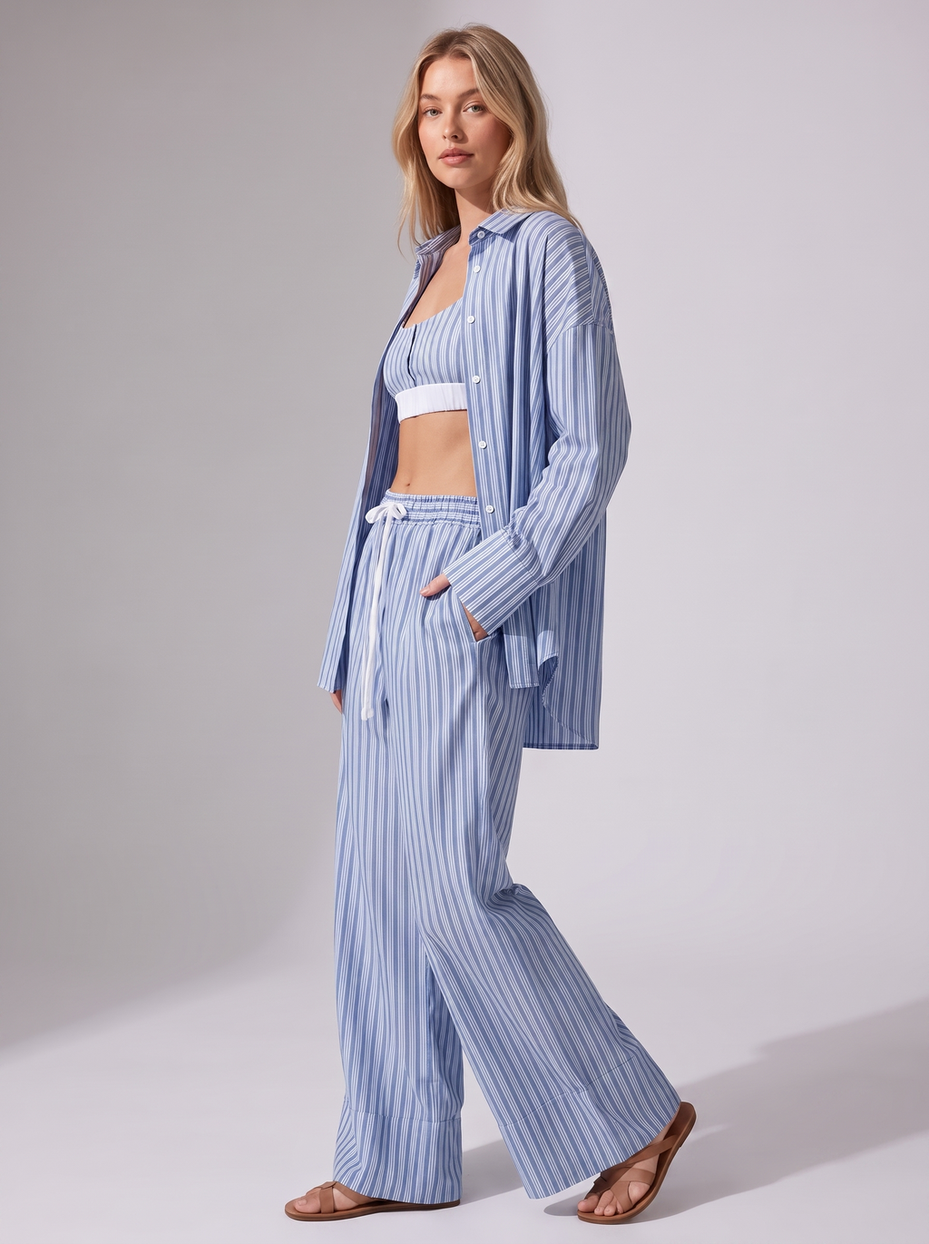 Women's 3-Piece Casual Suit with Striped Tank Top and Stretch Trousers