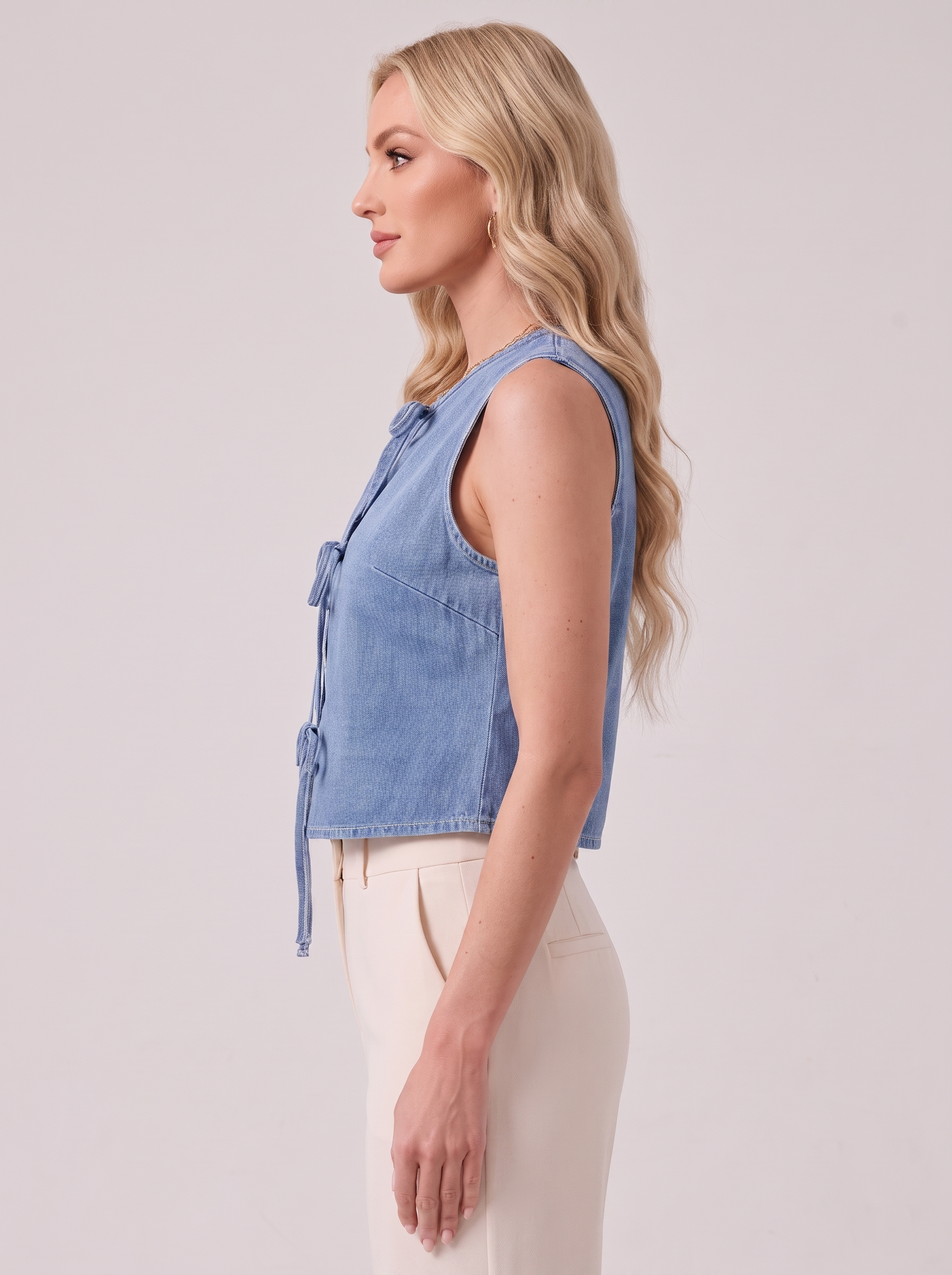 Women's Denim Sleeveless Top with Bow Ties