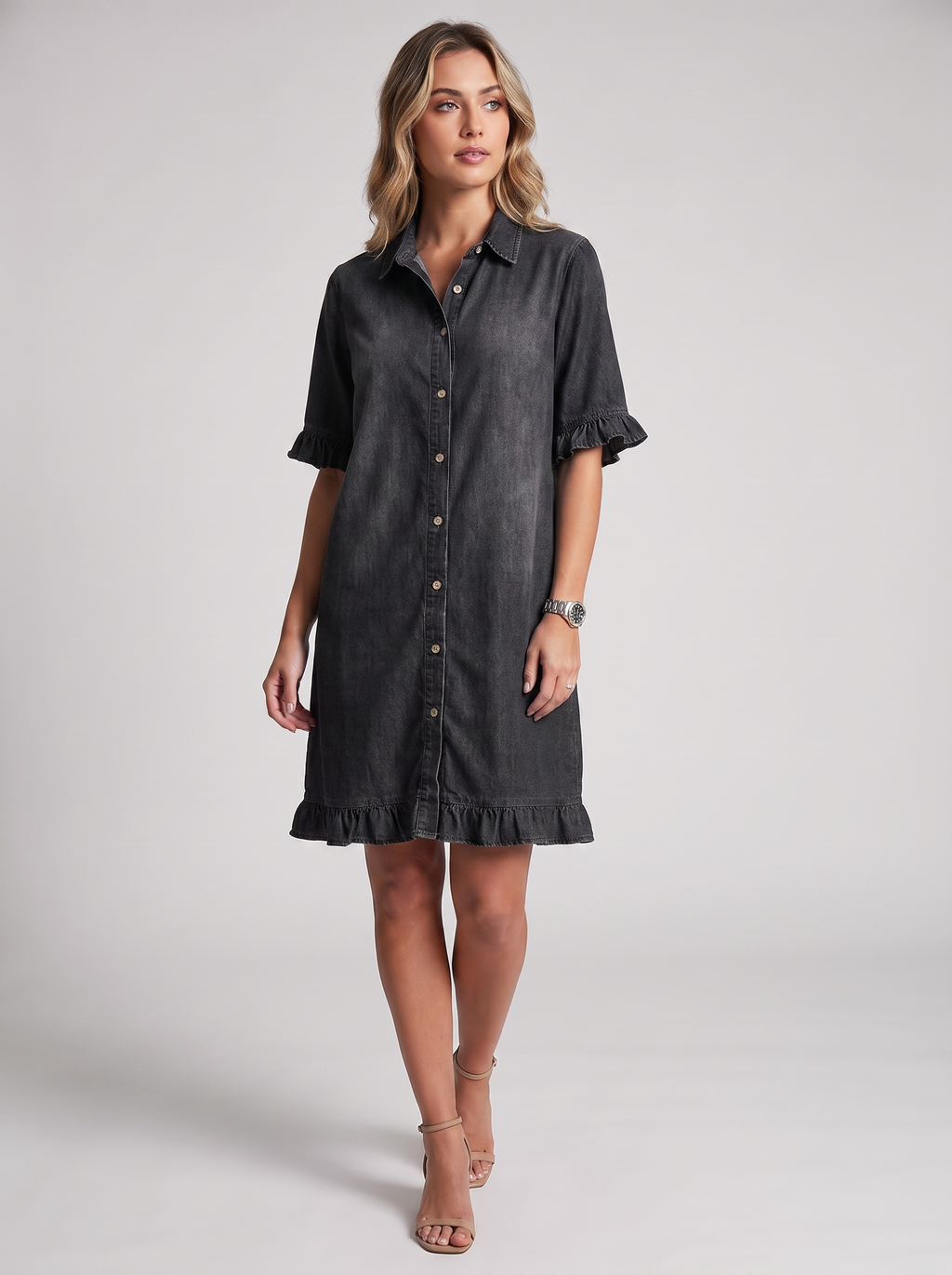Women's Ruffled-Edge Casual Dress with Short Ruffle Sleeves