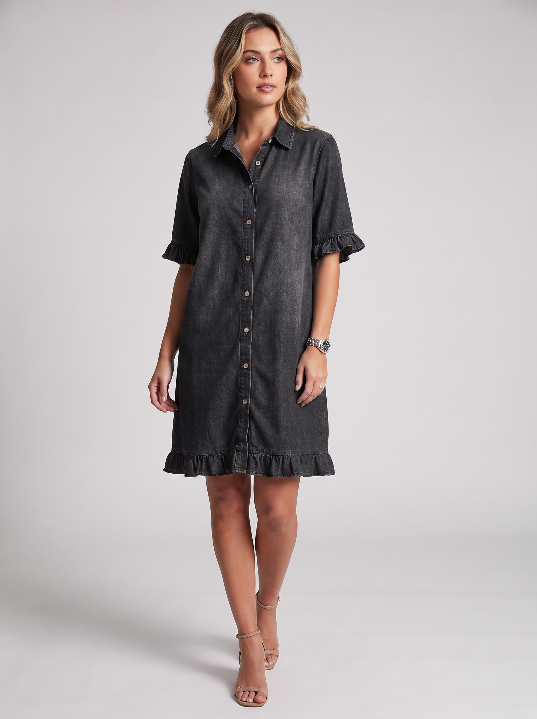 Women's Ruffled-Edge Casual Dress with Short Ruffle Sleeves